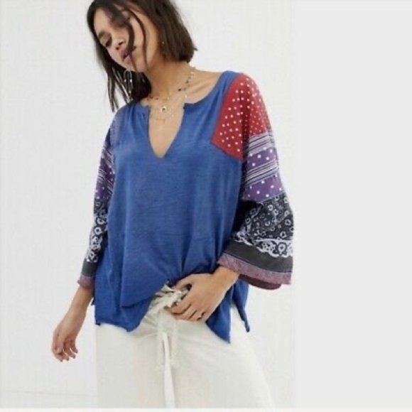 Free People Tops - NWT We the Free People Shibuya Patchwork Top V Neck 3/4 Sleeve Boxy Blue Multi S
